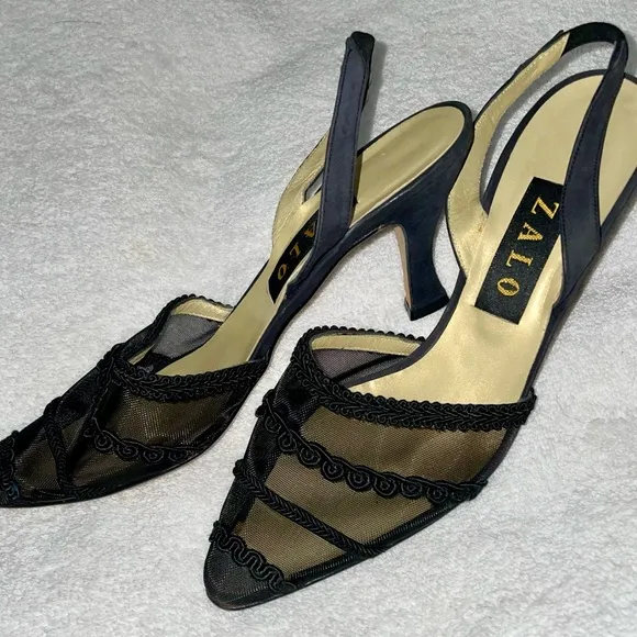 House of Zalo Designer Black Sheer Mesh Sling Back Heels Pumps Size 8 New