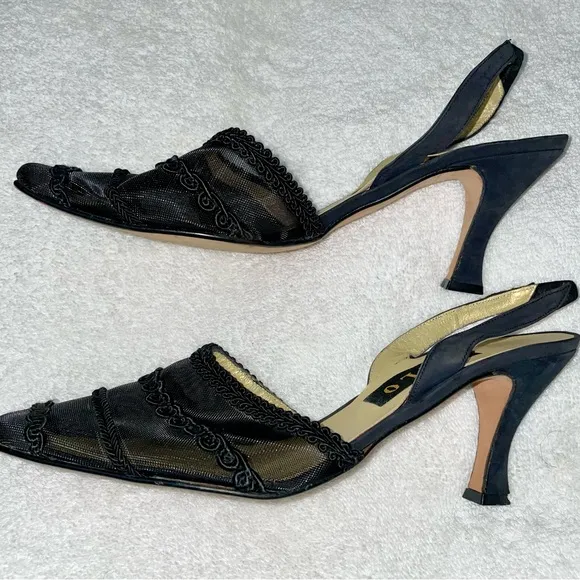 House of Zalo Designer Black Sheer Mesh Sling Back Heels Pumps Size 8 New
