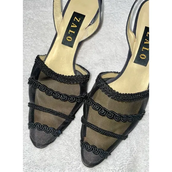 House of Zalo Designer Black Sheer Mesh Sling Back Heels Pumps Size 8 New