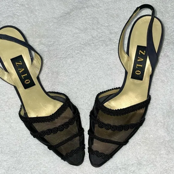 House of Zalo Designer Black Sheer Mesh Sling Back Heels Pumps Size 8 New