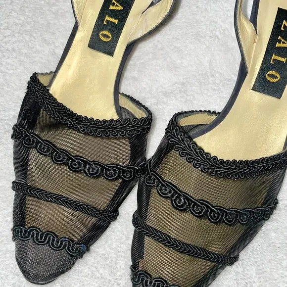 House of Zalo Designer Black Sheer Mesh Sling Back Heels Pumps Size 8 New
