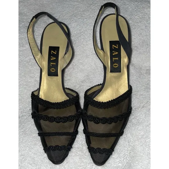 House of Zalo Designer Black Sheer Mesh Sling Back Heels Pumps Size 8 New