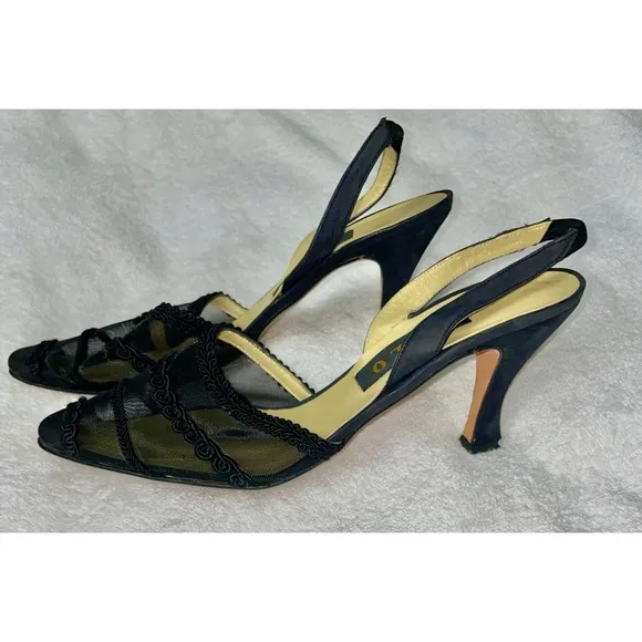 House of Zalo Designer Black Sheer Mesh Sling Back Heels Pumps Size 8 New