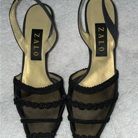 House of Zalo Designer Black Sheer Mesh Sling Back Heels Pumps Size 8 New