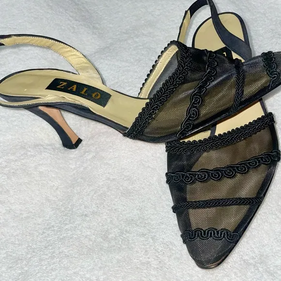 House of Zalo Designer Black Sheer Mesh Sling Back Heels Pumps Size 8 New