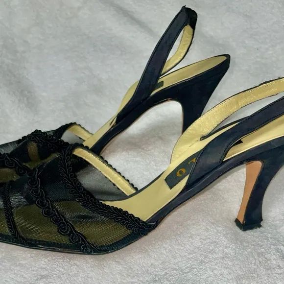 House of Zalo Designer Black Sheer Mesh Sling Back Heels Pumps Size 8 New