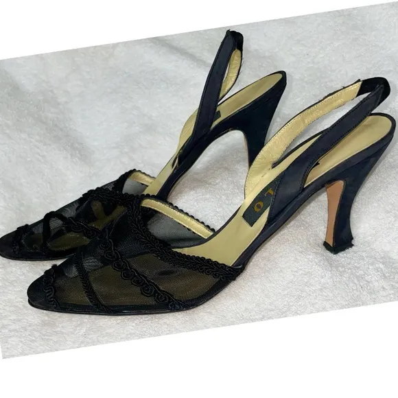 House of Zalo Designer Black Sheer Mesh Sling Back Heels Pumps Size 8 New