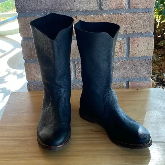 HS Trask Ava Black Buffalo Pebbled Leather Slouchy Mid Calf Boots Size 6M
