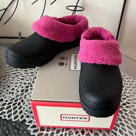 Hunter Black Play Shoes with Sherpa Faux Shearling Pink Lining Size 7 New in Box