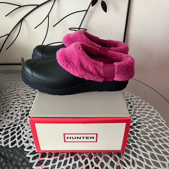 Hunter Black Play Shoes with Sherpa Faux Shearling Pink Lining Size 7 New in Box