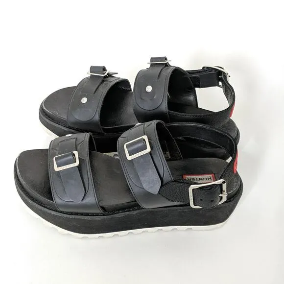 Hunter Original Double Buckle Chunky Platform Black Platform Sandals Shoes 10