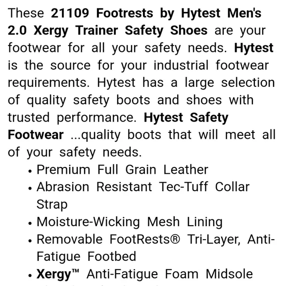 Hytest Safety Footwear, Xergy Footrests* Steel Toe Shoes, Mn's 10.5, Nearly NEW