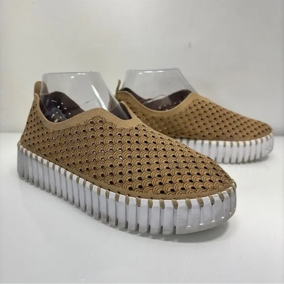 Ilse Jacobsen Tan Latte Leather Tulip 3373 Perforated Slip On Platform Sneakers
