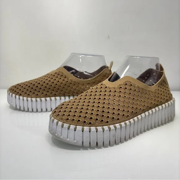 Ilse Jacobsen Tan Latte Leather Tulip 3373 Perforated Slip On Platform Sneakers