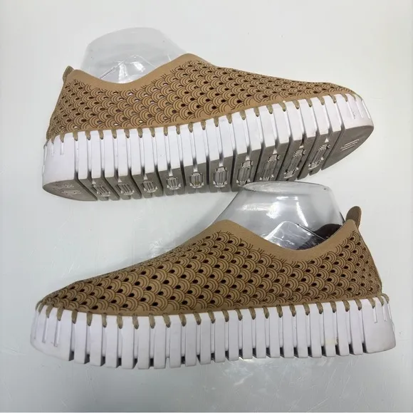 Ilse Jacobsen Tan Latte Leather Tulip 3373 Perforated Slip On Platform Sneakers