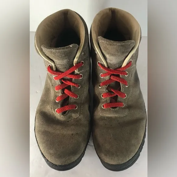 Itailian Brown Leather Hiking Boots, Red Laces. Size 10 Vibratom. Some Stains.
