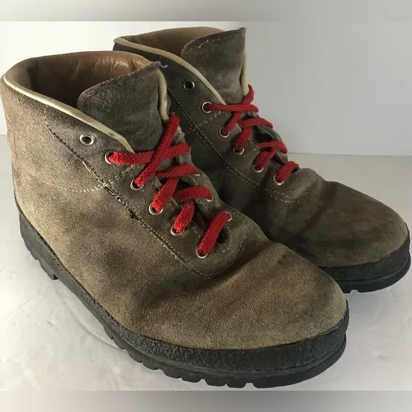 Itailian Brown Leather Hiking Boots, Red Laces. Size 10 Vibratom. Some Stains.
