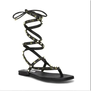 It’s Comfortable Women’s Black Gold Stud Gladiator Wraparound Thong Sandals Sz 9