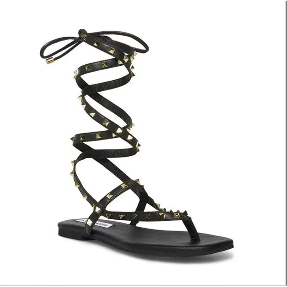It’s Comfortable Women’s Black Gold Stud Gladiator Wraparound Thong Sandals Sz 9