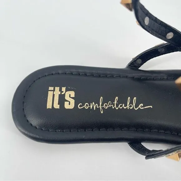 It’s Comfortable Women’s Black Gold Stud Gladiator Wraparound Thong Sandals Sz 9