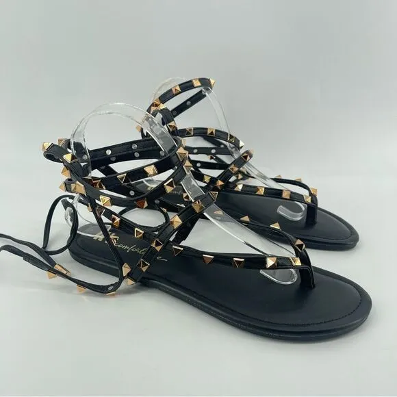 It’s Comfortable Women’s Black Gold Stud Gladiator Wraparound Thong Sandals Sz 9