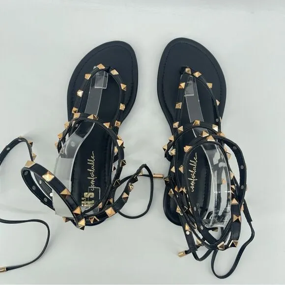 It’s Comfortable Women’s Black Gold Stud Gladiator Wraparound Thong Sandals Sz 9