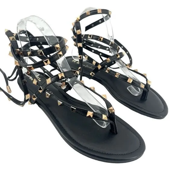 It’s Comfortable Women’s Black Gold Stud Gladiator Wraparound Thong Sandals Sz 9