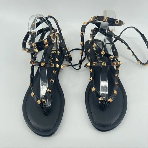 It’s Comfortable Women’s Black Gold Stud Gladiator Wraparound Thong Sandals Sz 9