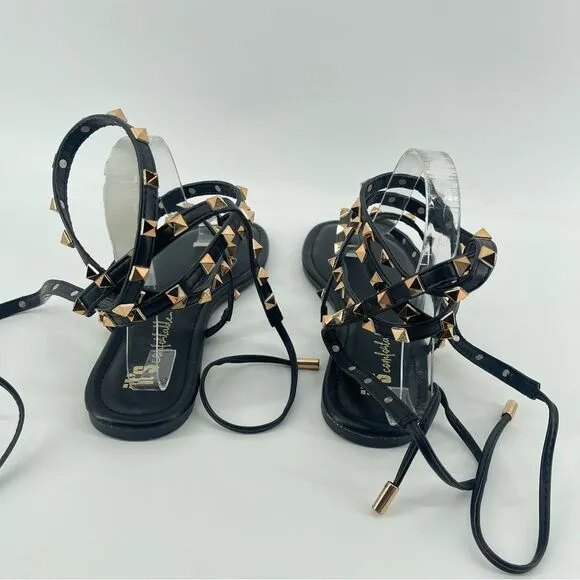 It’s Comfortable Women’s Black Gold Stud Gladiator Wraparound Thong Sandals Sz 9