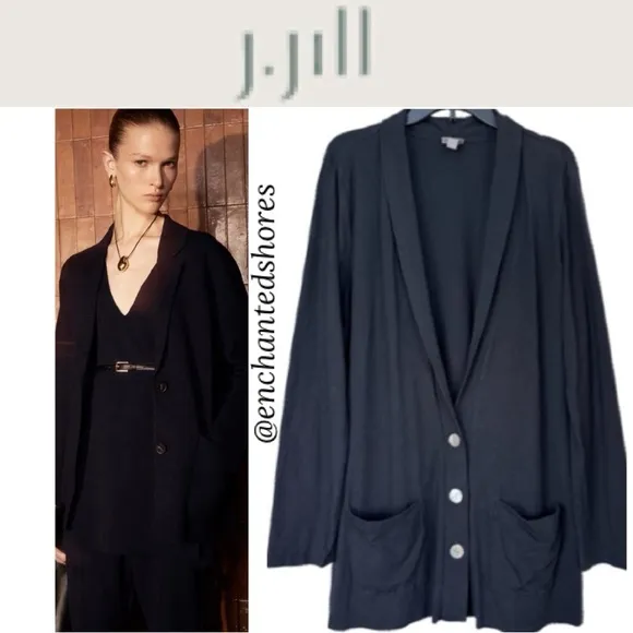 J Jill Cardigan Lightweight Button Front Pop Over Jumper Duster Black Size Large