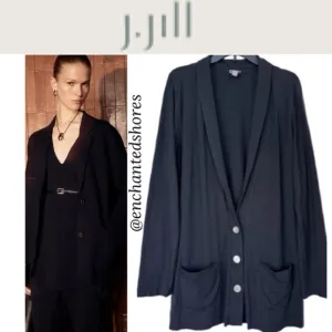 J Jill Cardigan Lightweight Button Front Pop Over Jumper Duster Black Size Large