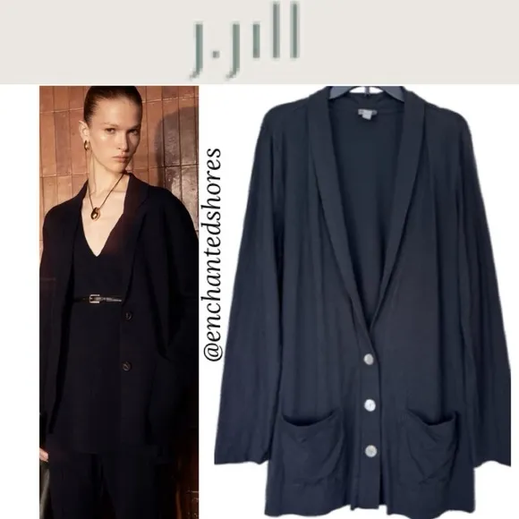 J Jill Cardigan Lightweight Button Front Pop Over Jumper Duster Black Size Large