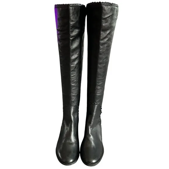 Jack rogers Black Leather Knee-High Wedge Boots Scalloped Back Zipper Closure 5