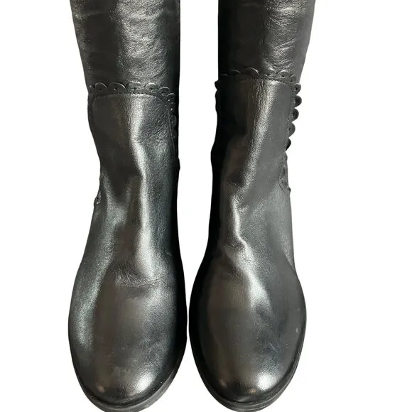 Jack rogers Black Leather Knee-High Wedge Boots Scalloped Back Zipper Closure 5