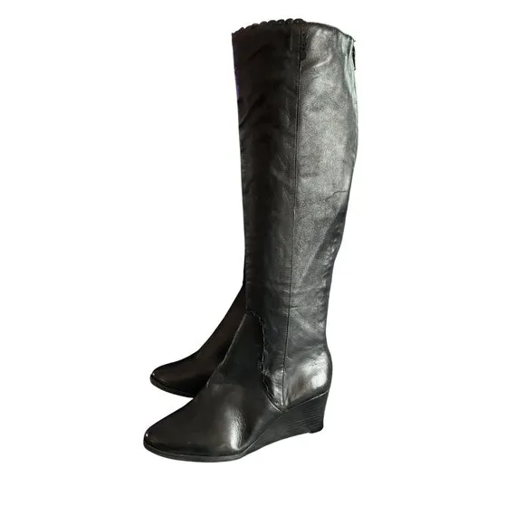 Jack rogers Black Leather Knee-High Wedge Boots Scalloped Back Zipper Closure 5