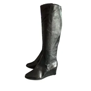 Jack rogers Black Leather Knee-High Wedge Boots Scalloped Back Zipper Closure 5