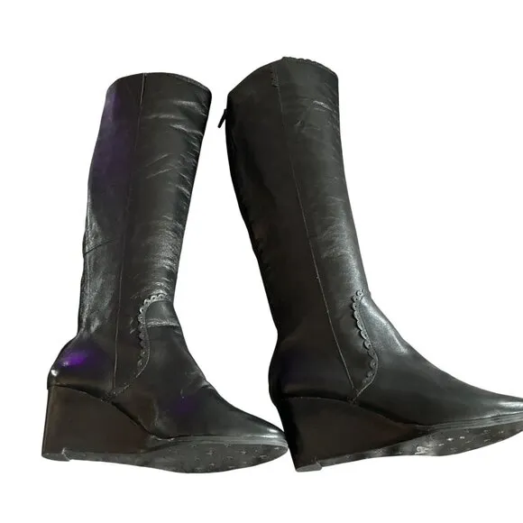 Jack rogers Black Leather Knee-High Wedge Boots Scalloped Back Zipper Closure 5