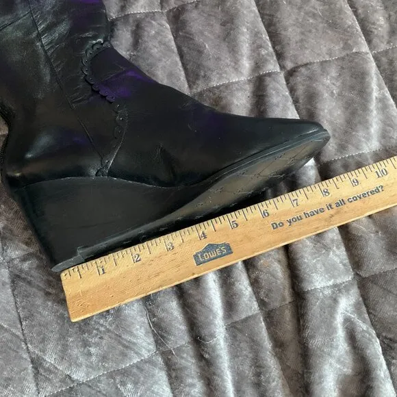 Jack rogers Black Leather Knee-High Wedge Boots Scalloped Back Zipper Closure 5