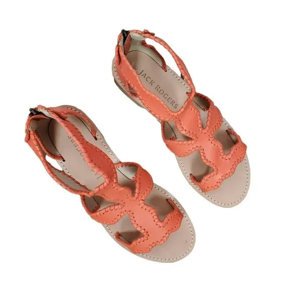 Jack Rogers Jackie Leather Whipstitch Gladiator Sandals Shoes Coral Size 8M NEW