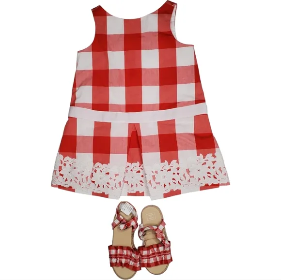 Janie &amp; Jack Red and White Gingham Check Dress with Lace &amp; Sandals