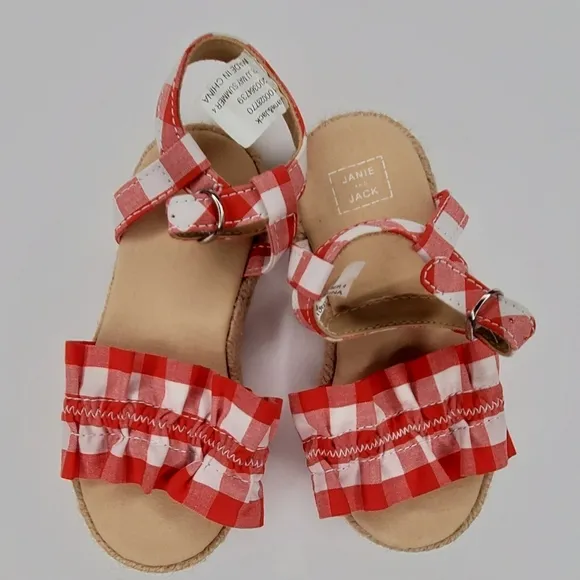 Janie &amp; Jack Red and White Gingham Check Dress with Lace &amp; Sandals