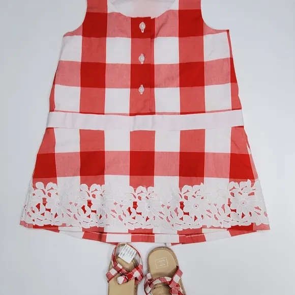 Janie &amp; Jack Red and White Gingham Check Dress with Lace &amp; Sandals