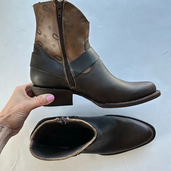 J.B. Dillon Women's Harness Ankle Boots Western Handmade Brown Leather Size 7.5B