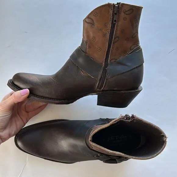J.B. Dillon Women's Harness Ankle Boots Western Handmade Brown Leather Size 7.5B