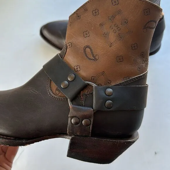 J.B. Dillon Women's Harness Ankle Boots Western Handmade Brown Leather Size 7.5B