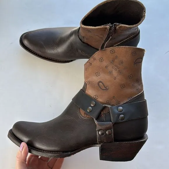 J.B. Dillon Women's Harness Ankle Boots Western Handmade Brown Leather Size 7.5B