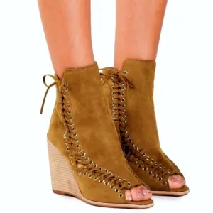 Jeffrey Campbell Batavia Wedge Boots Corset Cutouts Lace-Up Sandal Ankle Booties