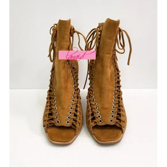 Jeffrey Campbell Batavia Wedge Boots Corset Cutouts Lace-Up Sandal Ankle Booties
