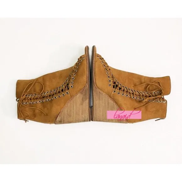 Jeffrey Campbell Batavia Wedge Boots Corset Cutouts Lace-Up Sandal Ankle Booties