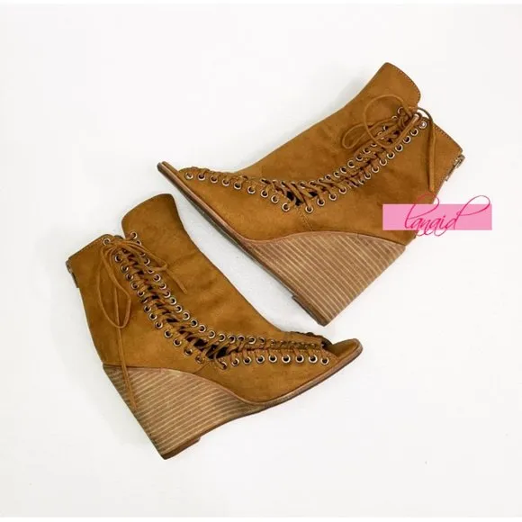 Jeffrey Campbell Batavia Wedge Boots Corset Cutouts Lace-Up Sandal Ankle Booties